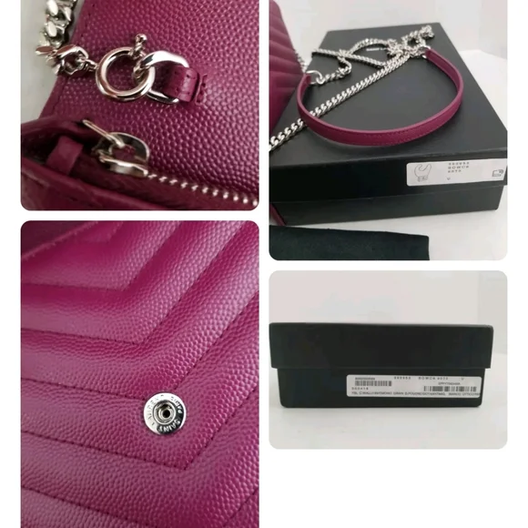 SAINT LAURENT YSL Magenta Grain Leather Chevron Envelope WOC Wallet on Chain - Picture 5 of 5